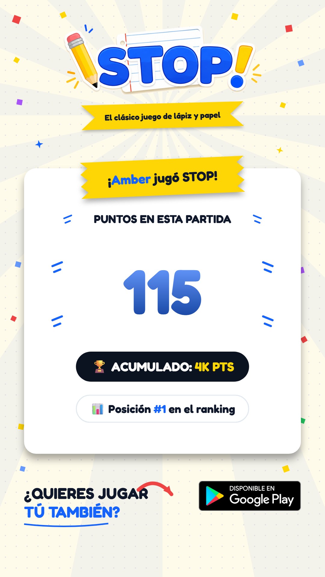 Tarjeta StopRank compartida por una jugadora, mostrando su puntaje y posición en el ranking